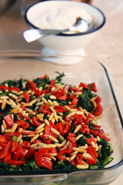 Skillet Greens with Red Peppers and Pine Nuts by Olga Irez of Delicious Istanbul