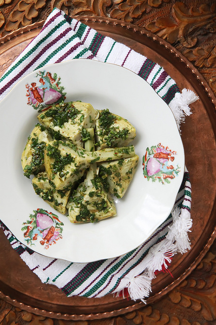 Steamed Artichoke with Chermoula by Olga Irez of Delicious Istanbul